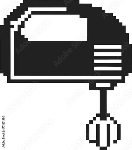 Pixel art kitchen mixer isolated on white retro electric hand blender icon in 8 bit style, simple black appliance silhouette
