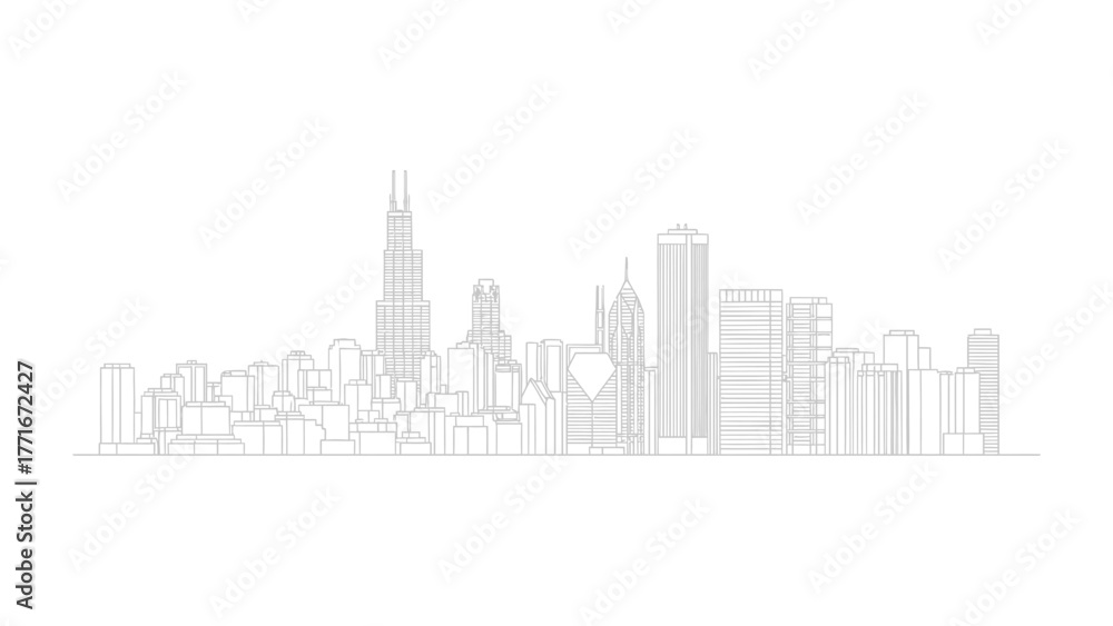 Naklejka premium Urban Silhouette: An elegant minimalist depiction of an urban landscape, showcasing a city's architectural forms in a simple and abstract manner.