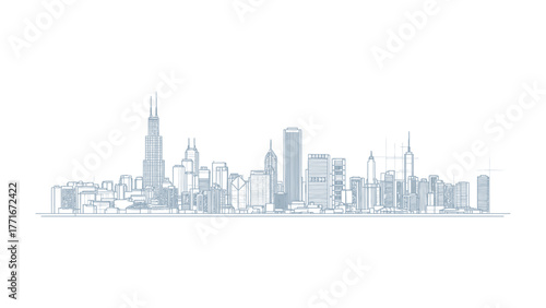Urban Silhouette: A minimalist, elegant sketch captures a bustling city skyline, showcasing iconic skyscrapers and architectural diversity against a clean background. 