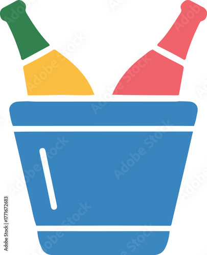 Colorful champagne bottles in ice bucket icon, Vector illustration of two colorful bottles, one yellow with a green neck and one pink with a red neck, placed inside a blue ice bucket. The image repre
