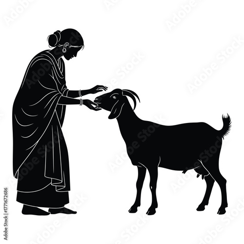 Ancient greek style silhouette of a woman feeding a goat rural farm life pastoral scene art silhouette