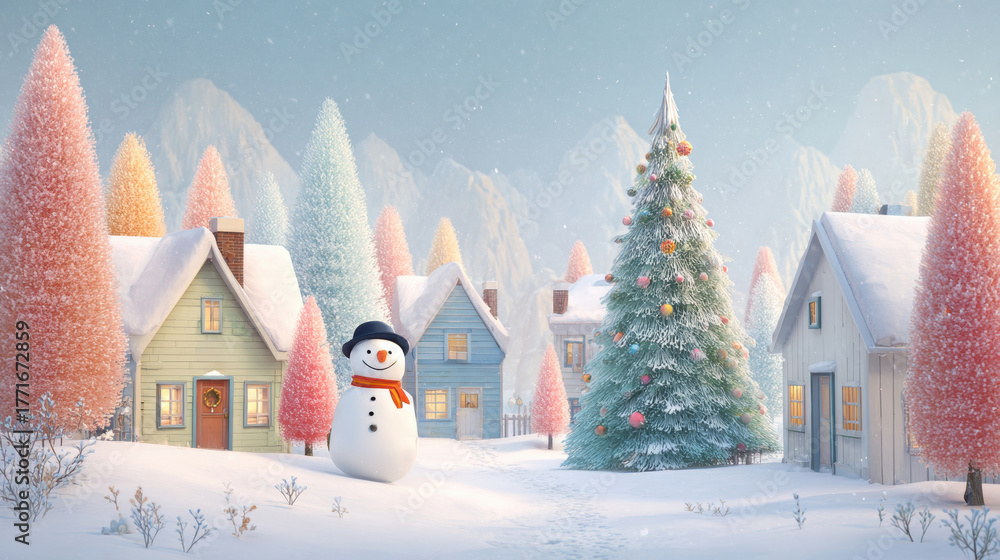 Naklejka premium Christmas tree and a cute snowman stand in a snowy village square with softly lit houses, xmas cartoon town scene