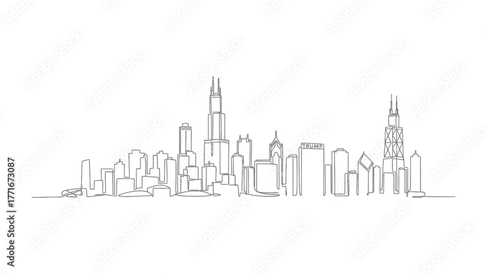 Fototapeta premium Urban Skyline Silhouette: A minimalist monochrome sketch showcases the sleek outline of a modern city skyline. Featuring elegant lines.