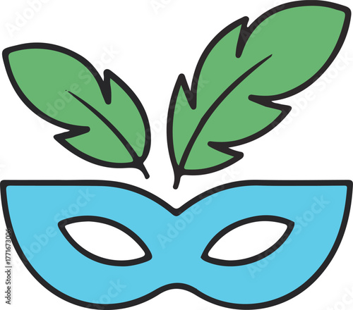 Blue carnival mask with green feathers illustration, Colorful flat vector illustration of a blue masquerade mask with two green feathers, symbolizing carnival, celebration, or costume party.

