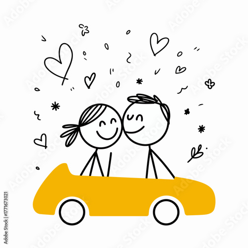 Love on the Road: a cartoon couple enjoying a journey together, surrounded by symbols of affection. 