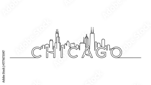Chicago Skyline Illustration: A minimalist line art illustration of the Chicago skyline, featuring iconic skyscrapers and architecture, rendered in a simple yet striking monochrome aesthetic.