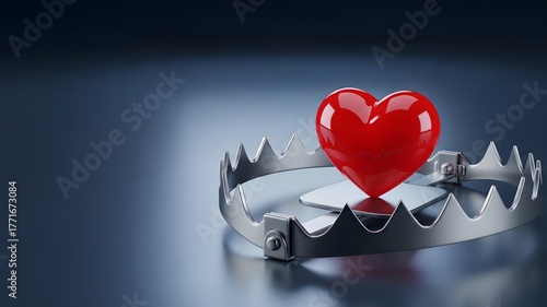 Romance scam concept heart trapped in metallic bear trap