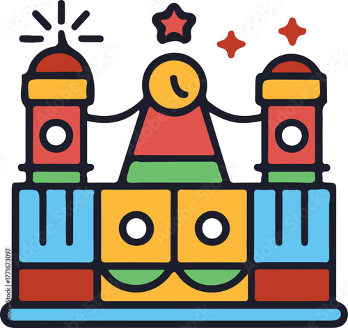 Colorful cartoon castle illustration with stars, Bright and playful illustration of a colorful castle with towers and stars, perfect for children’s themes, games, or fantasy designs.

