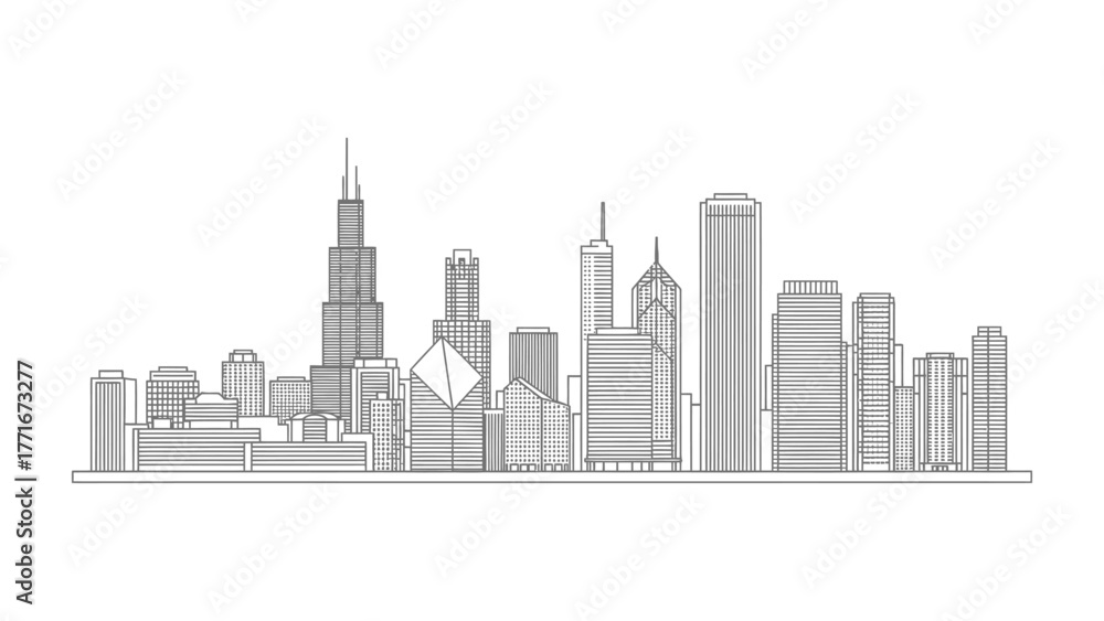 Fototapeta premium Skyline Silhouette: A minimalistic portrayal of a city skyline, capturing the architectural silhouettes of its iconic buildings and skyscrapers against the horizon.