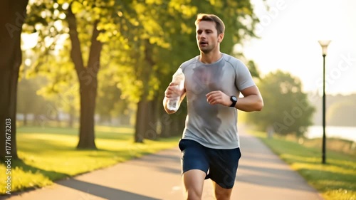 Young Man Running and Drinking Water in Park During Sunset