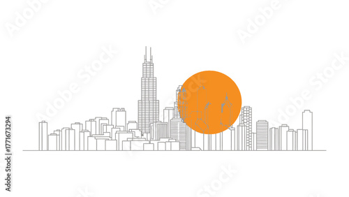 Modern City Skyline with Sunrise: The image presents a clean and modern skyline, the silhouette of towering buildings. A vibrant orange sun rises or sets, adding warmth to the monochromatic scene.