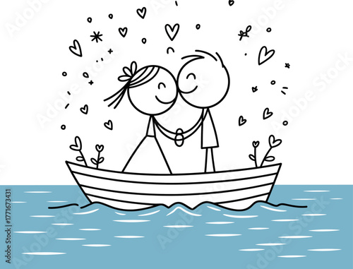 Love's Serenade: Two stick figures, hand-in-hand, embark on a romantic voyage in a quaint boat, surrounded by a cascade of hearts and stars, capturing the essence of affection and shared journey.