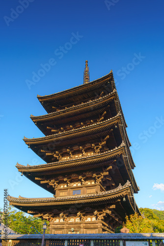 Kyoto, Japan - Oct 11 2024, vertical view of Yasaka Pagoda of Hōkan-ji Temple, in the evening sky with clear sky, without people, Kyoto, Japan
