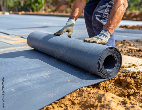 Worker Hand Installing Black Geotextile Fabric on Earth (Close-up)