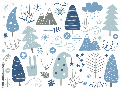 Set of winter elements isolated on  white background. Blue and gray mountains, tree,  Christmas tree,  hare and snowflakes. Flat cartoon design. Vector illustration. Environment, nature.