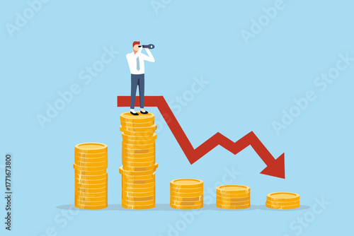 Businessman with telescope on stack of coins looking at downward trending red arrow representing financial loss