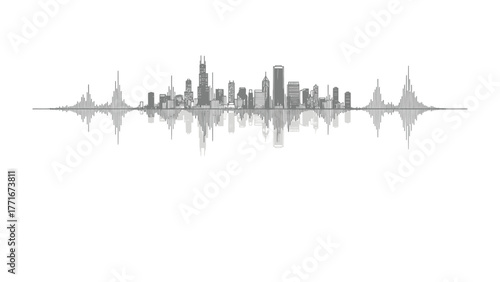 City Skyline in Monochrome: A modern city skyline casts a serene reflection on the water, rendered in elegant grayscale. capturing the geometric harmony and urban sophistication.