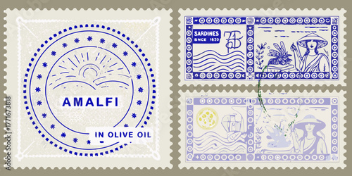 Vintage amalfi coast travel stamps featuring sardines in olive oil and coastal scenes