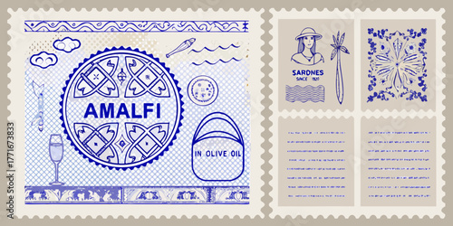Vintage amalfi coast stamp design featuring sardines in olive oil and italian motifs
