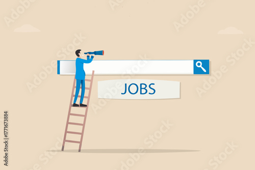 Man on ladder looking through telescope at search bar with jobs text and magnifying glass icon