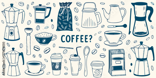 A charming hand drawn illustration of various coffee making tools and beverages with the word coffee in the center