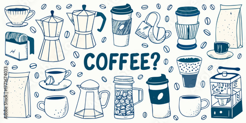 A whimsical hand drawn collection of coffee related items and accessories on a white background