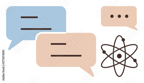 Blue and beige chat bubbles with text lines and ellipses beside a minimalist atom diagram. Ideal for education, science communication, collaboration, ideas, discussion, learning, innovation. Clean