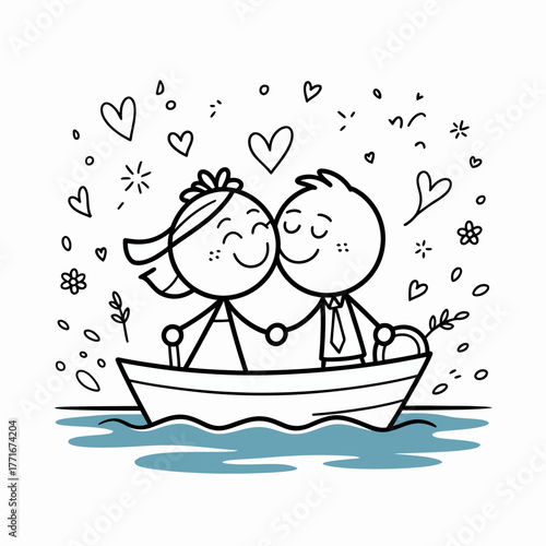 Love's Maiden Voyage: A whimsical illustration captures a tender moment, depicting a couple on a boat, surrounded by hearts and flowers.
