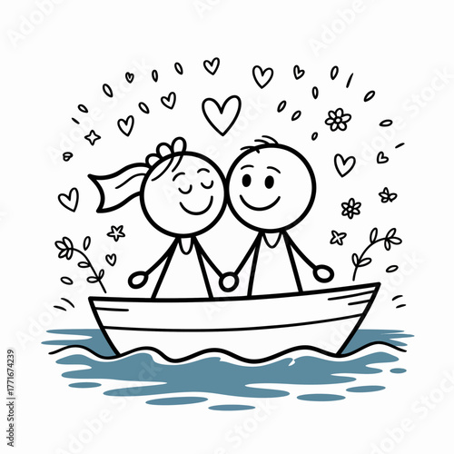Couple's Serenade: A tender moment unfolds as a stick figure couple navigates the waters in a quaint boat, surrounded by symbols of love and affection.