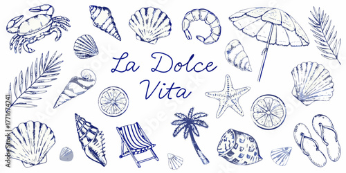 La dolce vita collection of beach and summer elements in blue ink