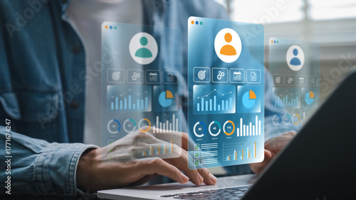 Digital HR system showing employee KPI data, team performance metrics and productivity dashboards used by organizations for workforce evaluation and human resource data driven decision making