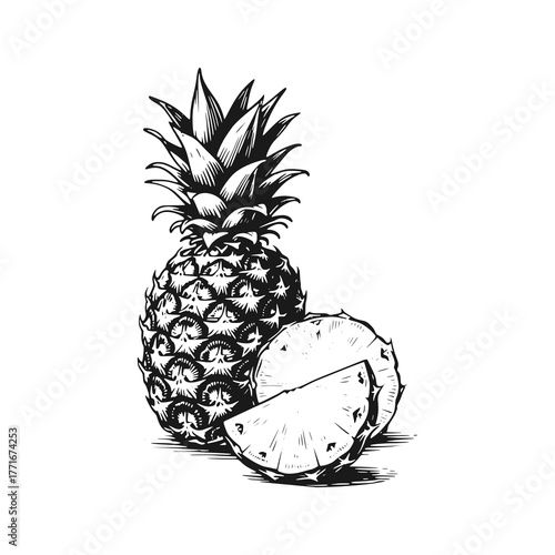 Pineapple. Black white vector illustration.