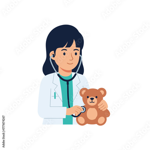 Pediatrician Doctor Examines Teddy Bear, Child Healthcare Illustration