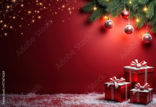 Merry Christmas and Happy New Year red background with fir branches, Christmas garland of lights, gift boxes and snow, card template with place for text