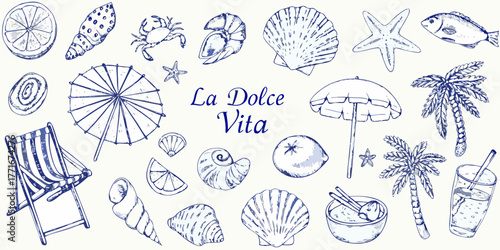 La dolce vita italian phrase with hand drawn beach and vacation elements in blue ink sketch style