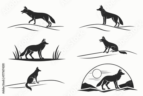 Minimalist jackal in desert icon set