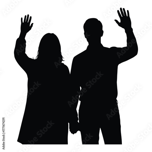 Silhouette couple waving hello goodbye greeting farewell gesture friendly invitation open hand gesture human connection social interaction silhouette