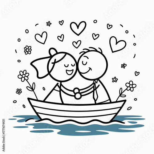 Love's Voyage: Two figures, bathed in a tender embrace, embark on a romantic journey, their hearts entwined amidst floating hearts and floral details, symbolizing love's enduring power.