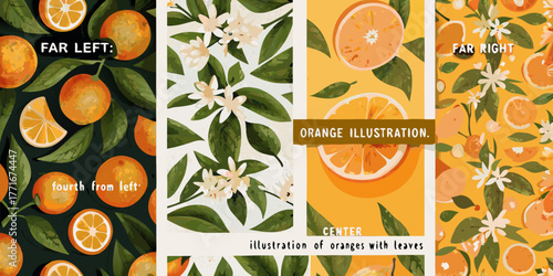 Vibrant orange fruit and blossom illustrations with green leaves on various backgrounds