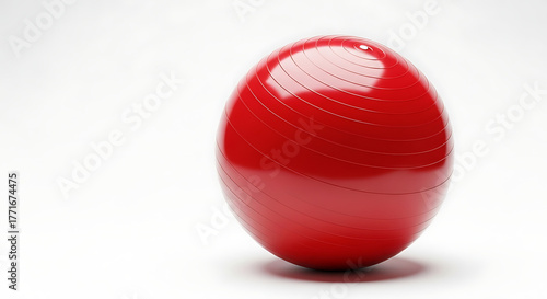 A red exercise ball sits on a white surface with a soft shadow and bright lighting in studio shot ai generated