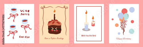 Happy Birthday Card Set. Adorable greeting cards with cute birthday cake, wine and cupcake. Designs for congratulations on holiday. Flat vector illustration collection isolated on background.