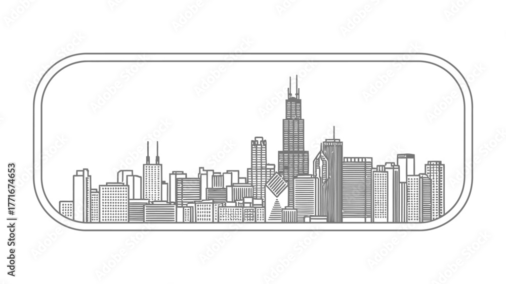 Fototapeta premium Chicago Skyline Outline: Captivating an architectural outline of the iconic Chicago skyline, rendered in a crisp, minimalist style, perfect for illustrating urban landscapes.