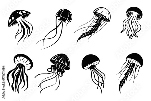 Minimalist flat jellyfish icon set in vibrant colors
