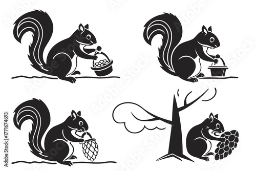 Forest squirrel gathering nuts icon set in black and yellow