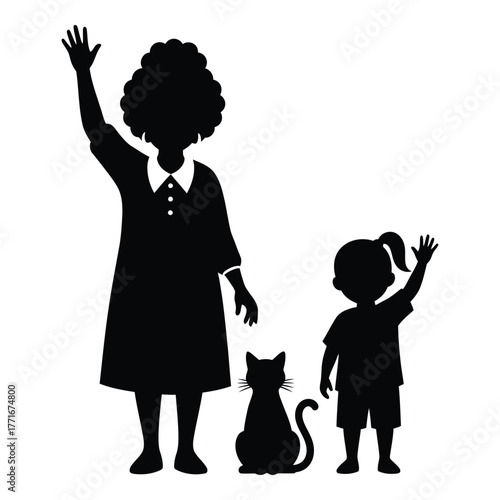 Silhouette of a grandmother child and cat waving happily together creating a warm family scene a simple graphic design element silhouette