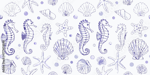 Charming hand drawn nautical pattern featuring seahorses starfish shells and bubbles in purple