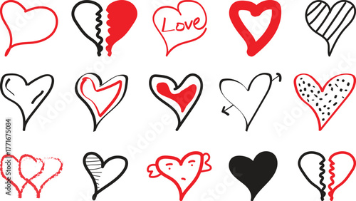 Hand Drawn Heart Doodle vector illustration set. Love art Collection.