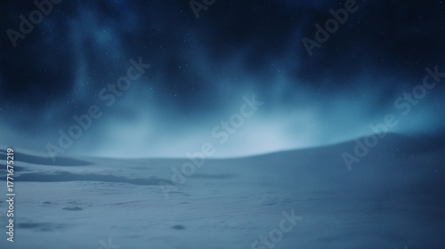 Frozen winter landscape with snow dunes under dark sky and northern lights. Cold atmospheric scene perfect for nature, travel, exploration, seasonal visuals, copy space, and cinematic design.