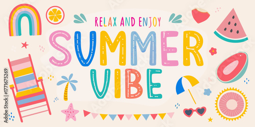 Quadro su tela Relax and enjoy summer vibe with colorful illustrations and fun summer elements