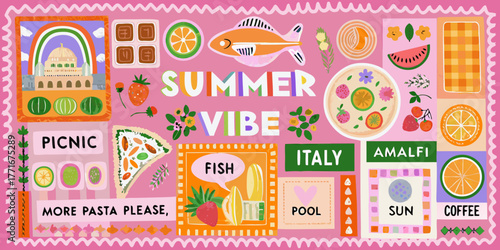 Vibrant summer vibe collage with italian food amalfi coast landmarks and picnic elements